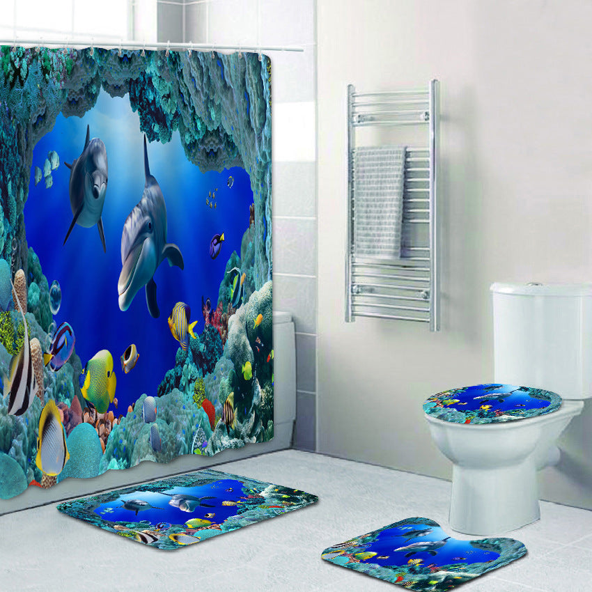 Bathroom Shower Curtain Floor Mat Suit Ocean World Printing