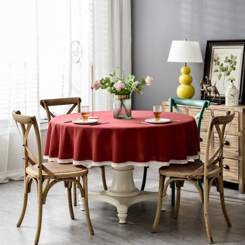 Waterproof Solid Color Faux Cotton Linen Lace Round Dining Tablecloth