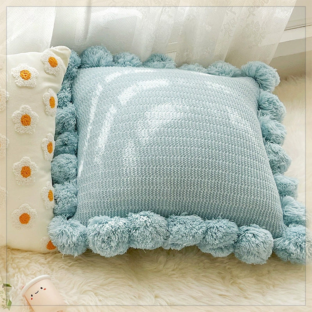 Home Decoration Knitting Cushion Cover Mint Green Tassel Pillowcover Modern Sofa Living Room Waist Pillow Bed Head Round Pillow Ins Style Pillow