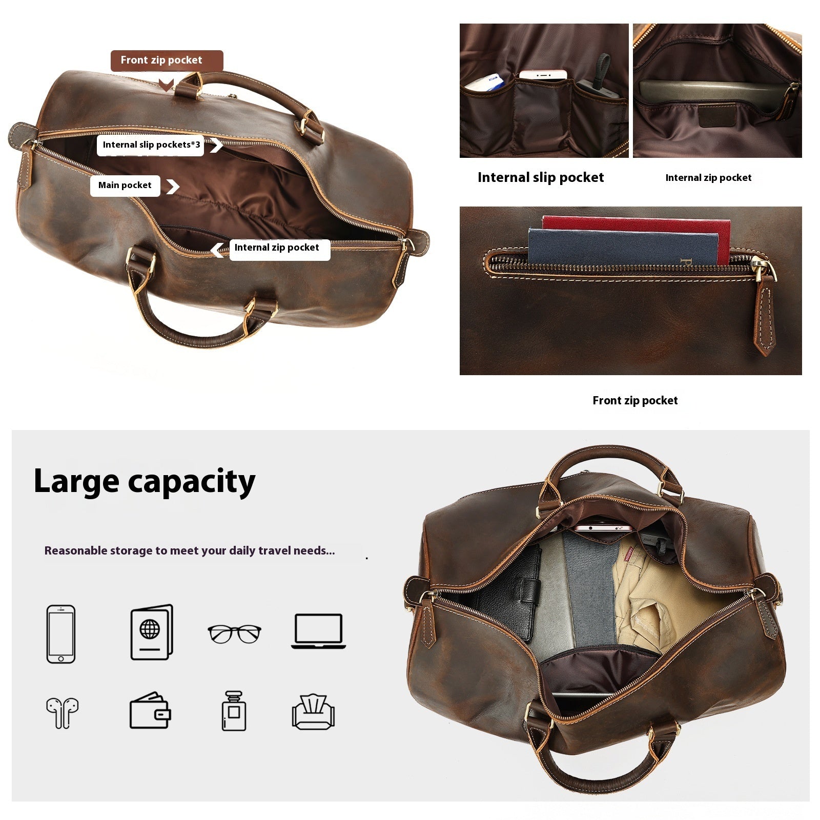 Sac bandoulière grande capacité en cuir vintage de voyage
