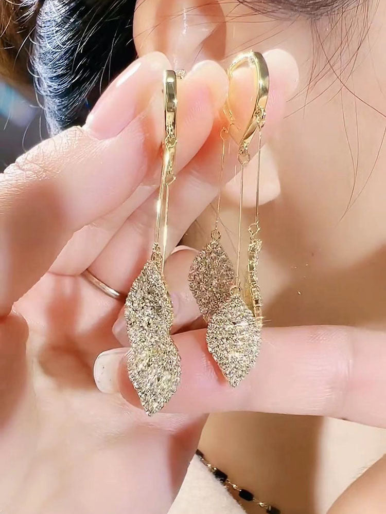 New Trendy Style Full Of Diamond Leaves Tassel Earrings Versatile For Women