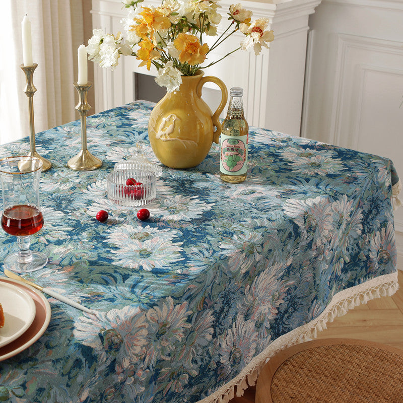 Terylene Jacquard Oil Painting Blue Tassel Rectangular End Table Tablecloth