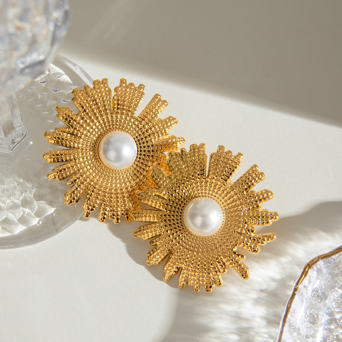 Stainless Steel Shell Pearls Hammer Texture Earrings