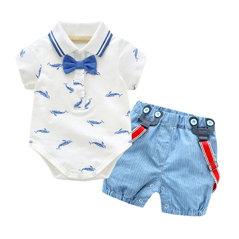 Gentleman Bow Tie Whale Print Romper Top Suit Boy Handsome Year-old Suspender Pants