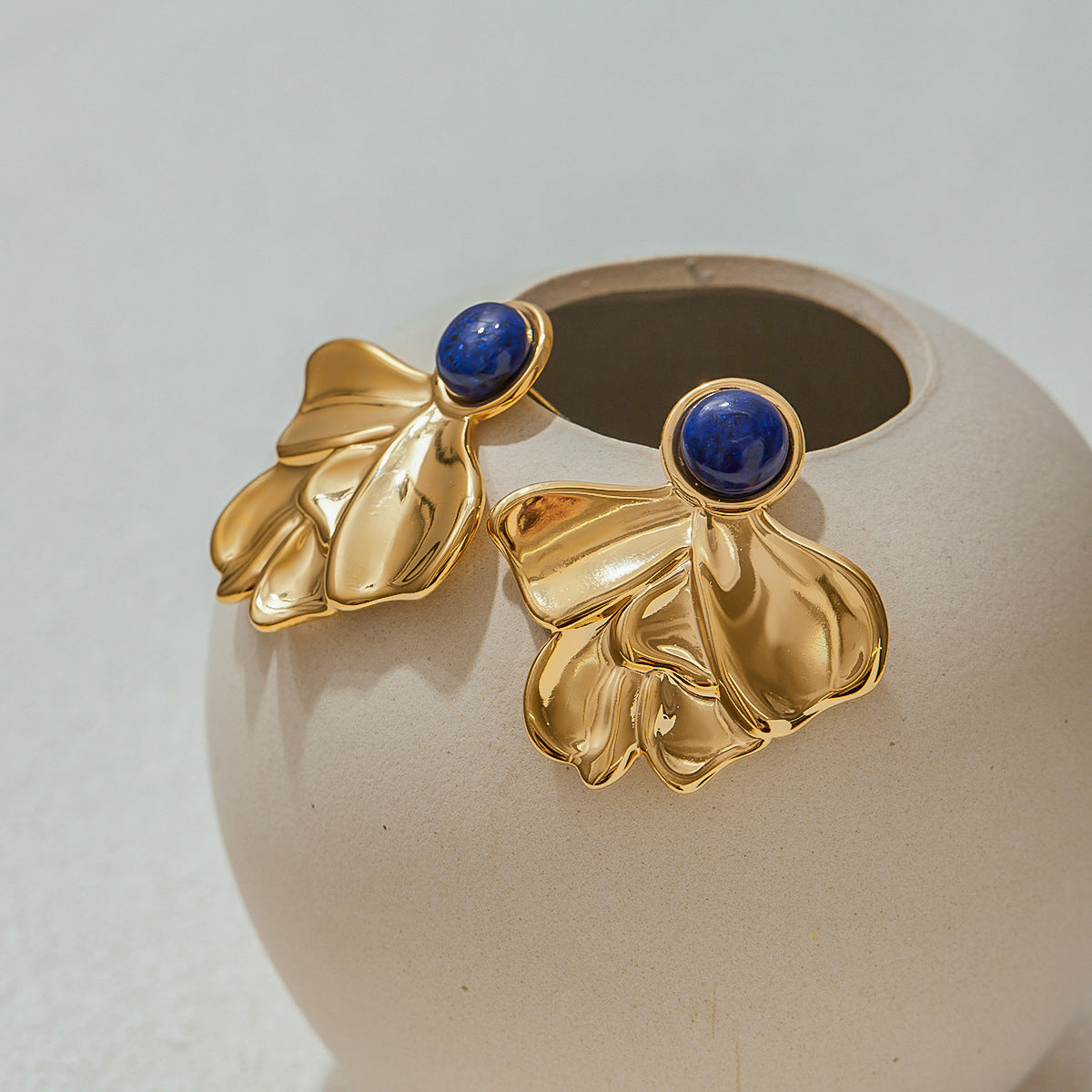 Stainless Steel Lapis Lazuli Irregular Fan-Shaped Earrings