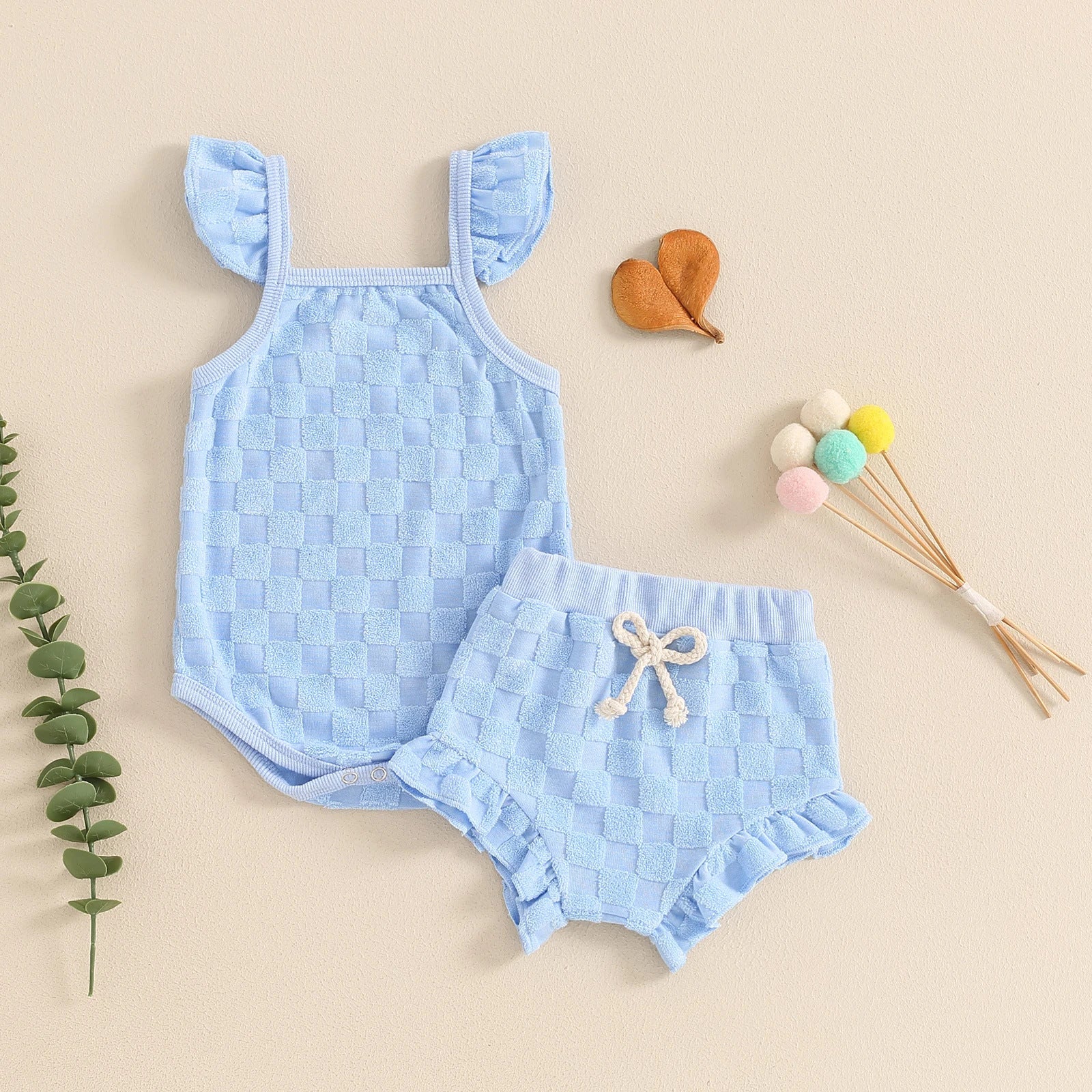 Girls' Solid Color Chessboard Plaid Style Lace Sling Romper Casual Shorts Suit