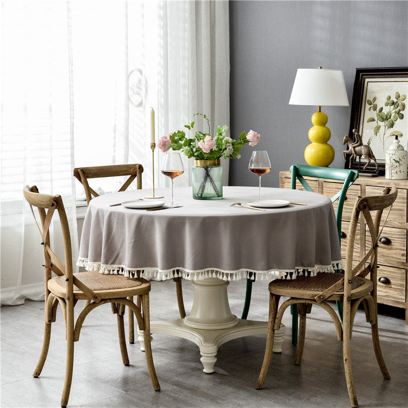 Waterproof Solid Color Faux Cotton Linen Lace Round Dining Tablecloth