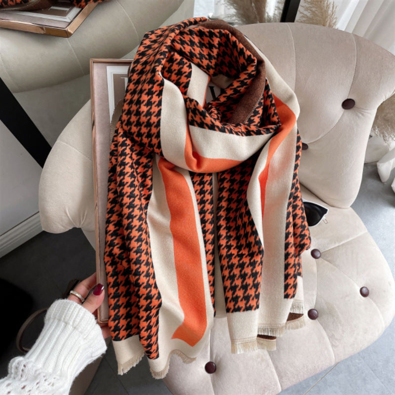 Short Beard Fringe Decoration Women's Cashmere Houndstooth Scarf
