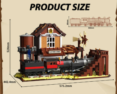 Retro Old Western Cowboy Railway Station Street View Assembled Building Blocks Model