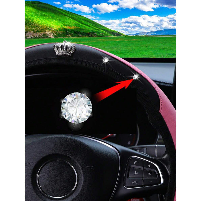 Diamond-Encrusted Little Crown Leather Car Steering Wheel Cover Without Inner Ring