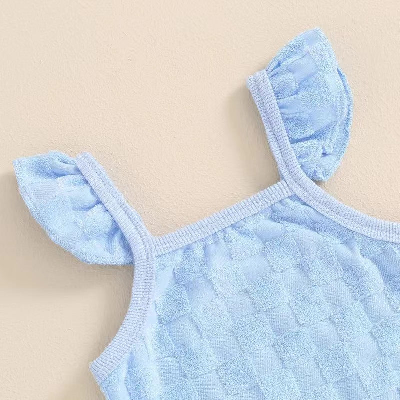 Girls' Solid Color Chessboard Plaid Style Lace Sling Romper Casual Shorts Suit