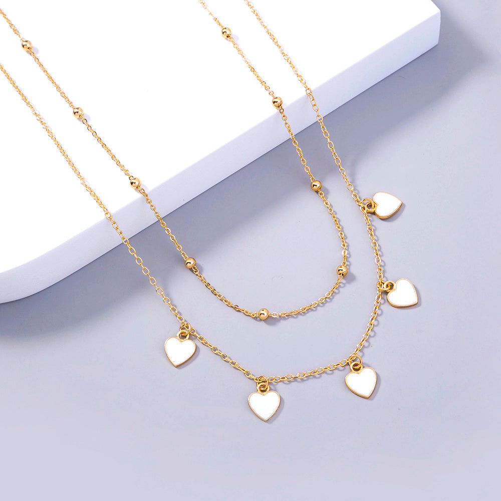 Stylish Peach Heart multi-layer necklace with white drop oil