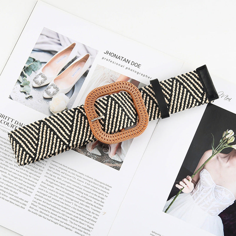 Ceinture en paille tressée en coton et lin pour femme