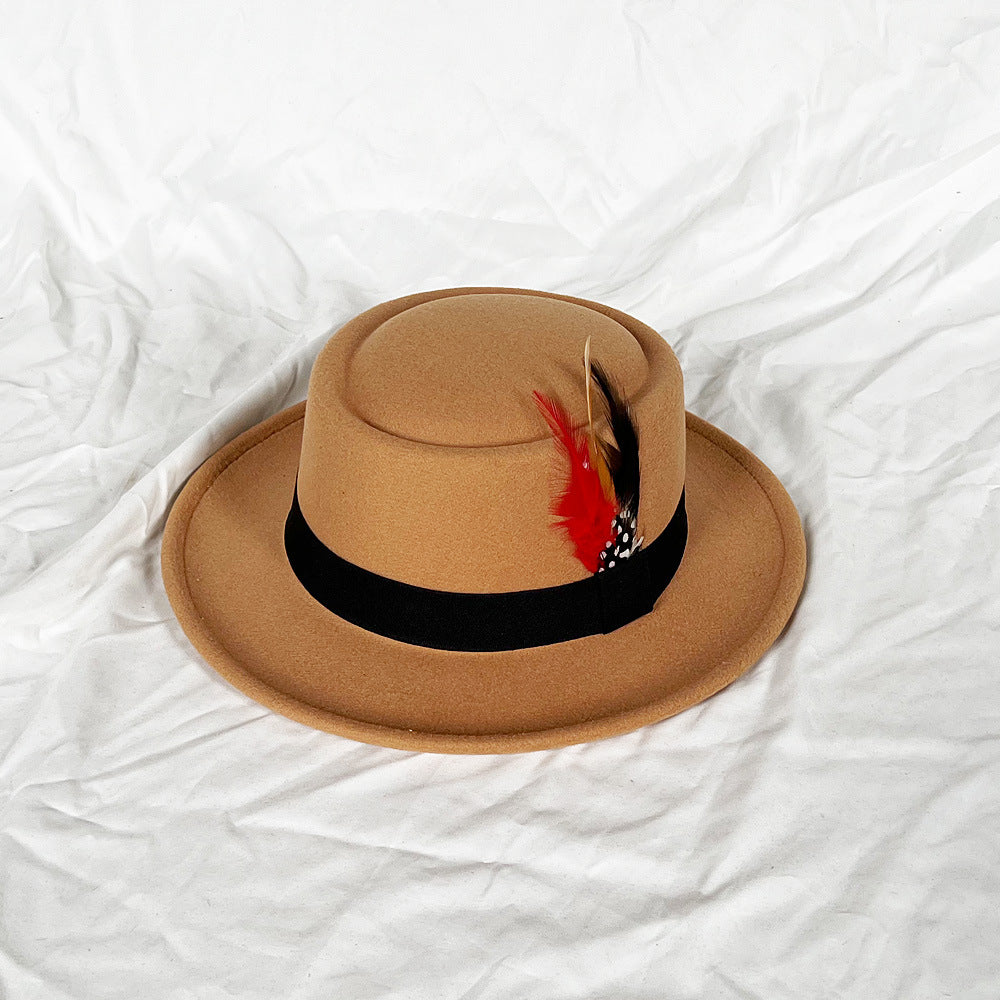 Feather Top Hat Small Flat Top Men's Felt Cap Old White Hat Top Hat