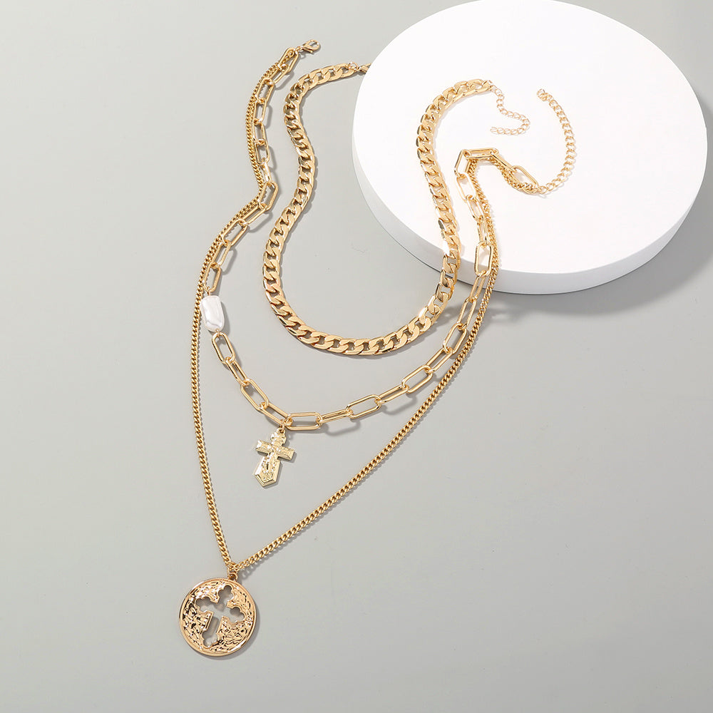 European and American lattice chain multi-element cross necklace can be detached and layered to wear creative design trendy necklace