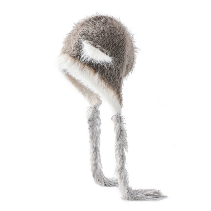 Cat Ears Mink Wool Ear Protection Color Matching Woven Hat Knitted Hat