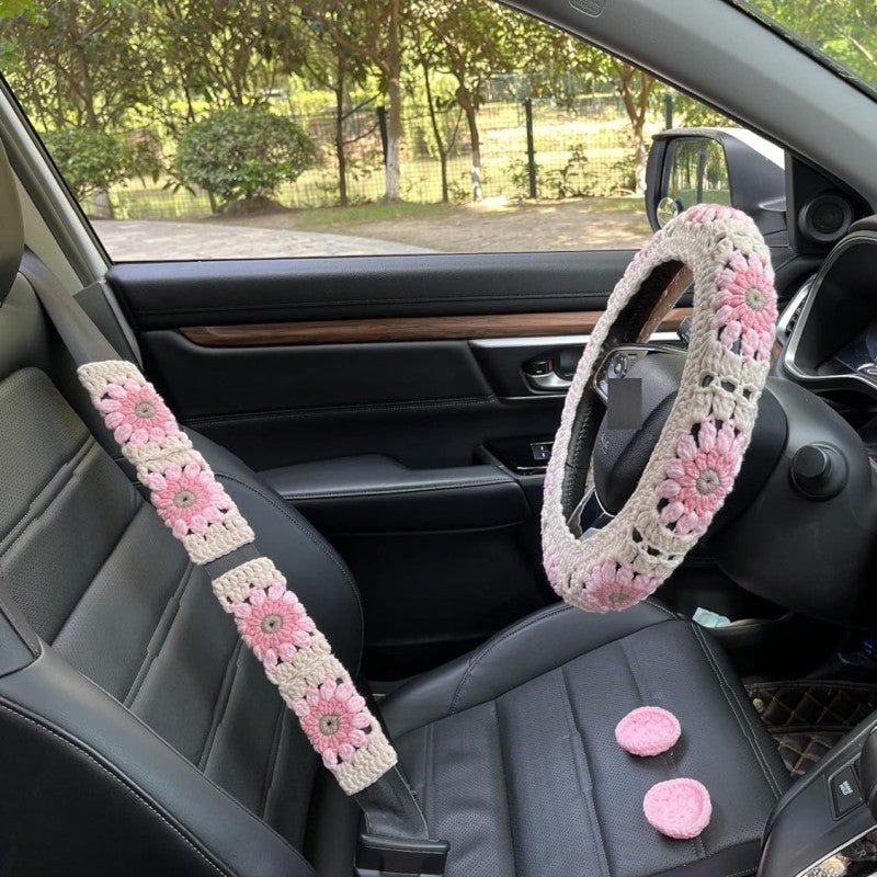 Car Interior Hand-crocheted Flower Steering Wheel Warm Non-slip Cover