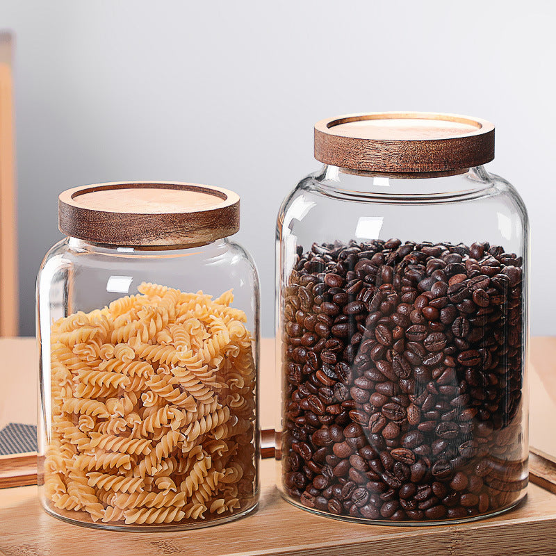 Bouteille en Verre avec Couvercle, Boîte Hermétique Transparente, Boîte à Thé, Pot de Rangement Hermétique, Couvercle en Bois d'Acacia