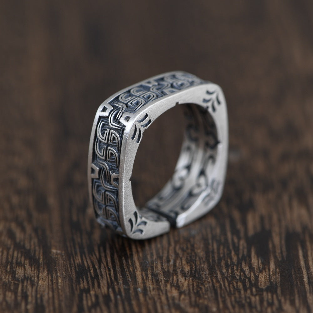Vintage Thai Silver Craft  Women's Pattern Totem Square Ring