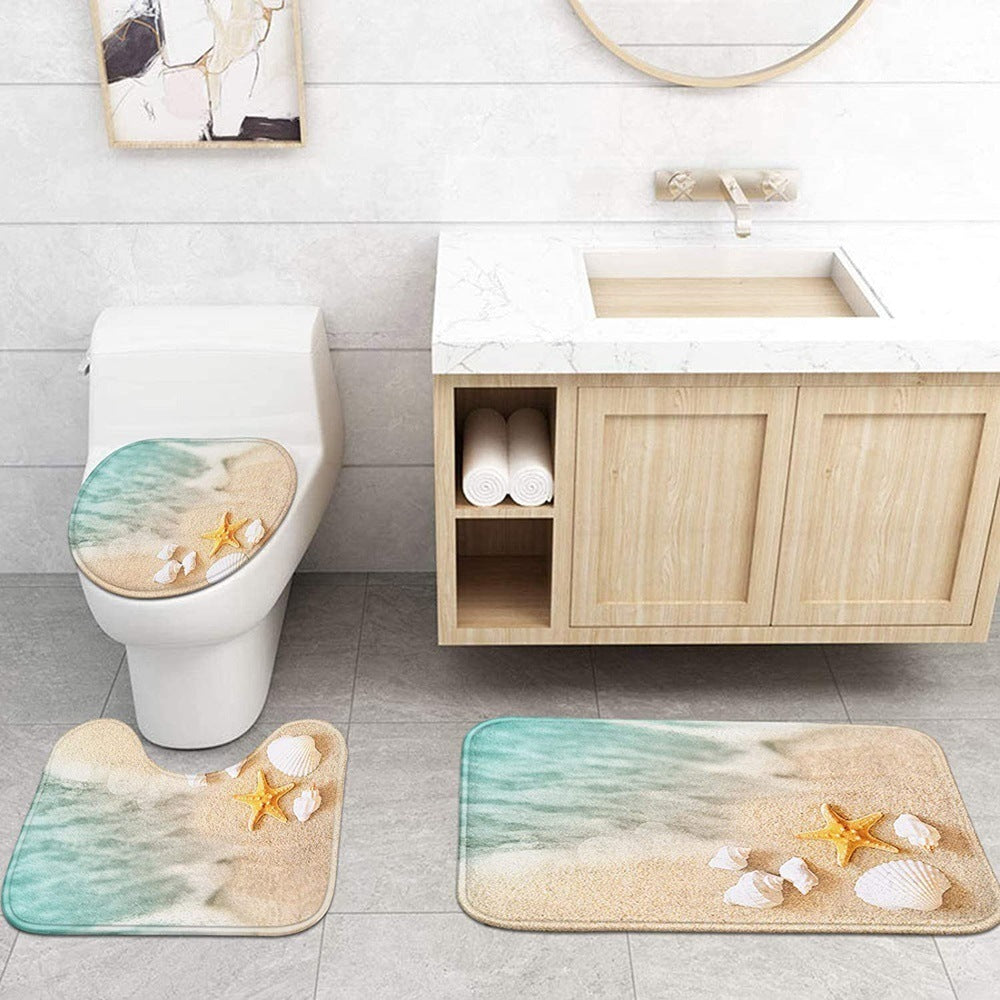Beach Shell Printed Shower Curtain Carpet Bathroom Mat Four Piece Set