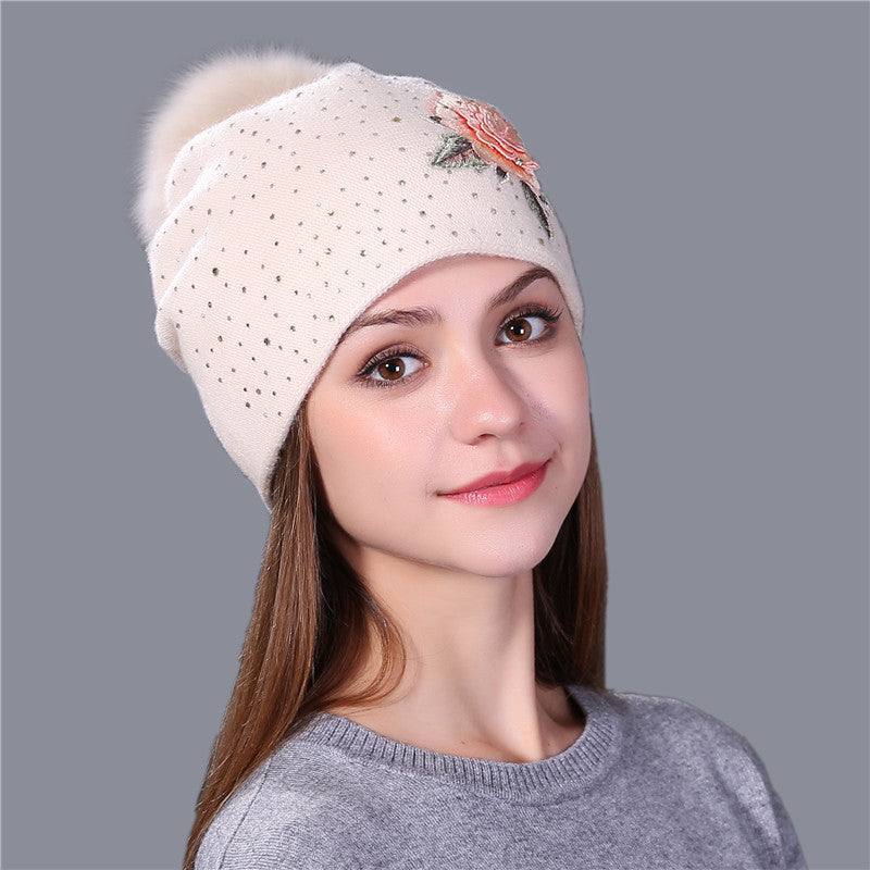 15cm Big Fox Fur Ball Flower Embroidery Knitted Hat