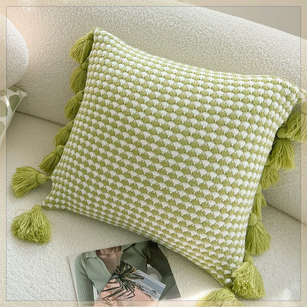 Home Decoration Knitting Cushion Cover Mint Green Tassel Pillowcover Modern Sofa Living Room Waist Pillow Bed Head Round Pillow Ins Style Pillow