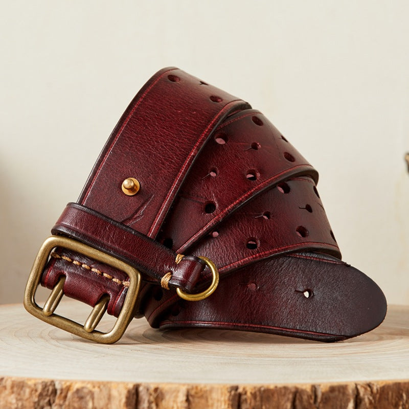 Double Needle Copper Buckle Men's Belt Retro Head Layer Pure Cowhide