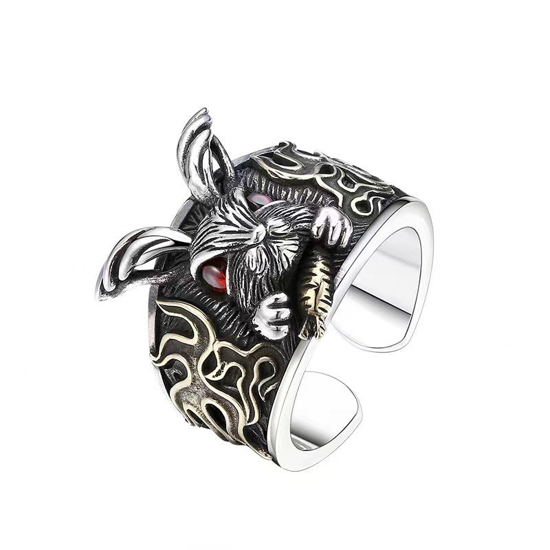 S925 Sterling Silver Punk Style Dark Rabbit Ring Male
