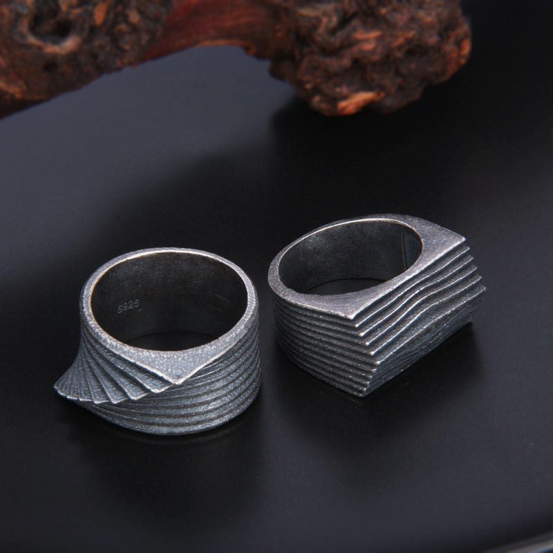 S925 Sterling Silver Retro Irregular Striped Ring