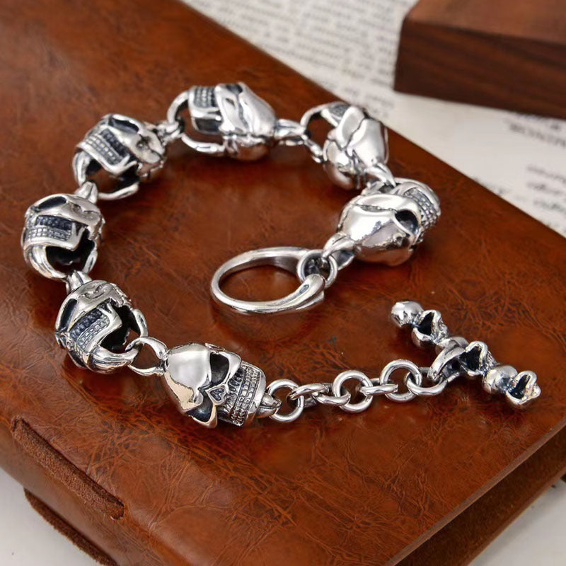 S925 Sterling Silver 12mm Dark Big Skull Bracelet For Men