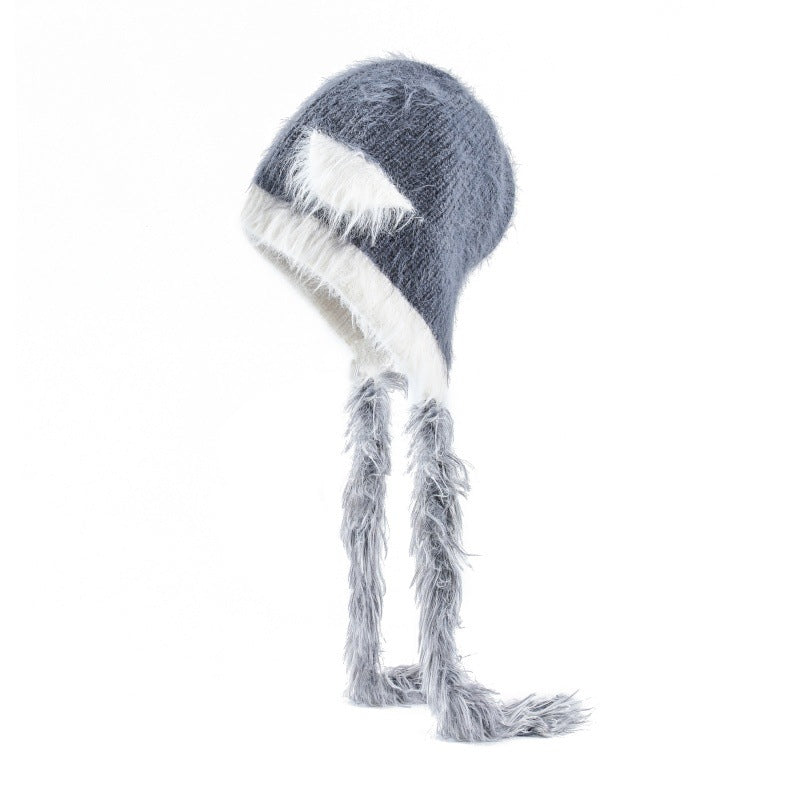 Cat Ears Mink Wool Ear Protection Color Matching Woven Hat Knitted Hat