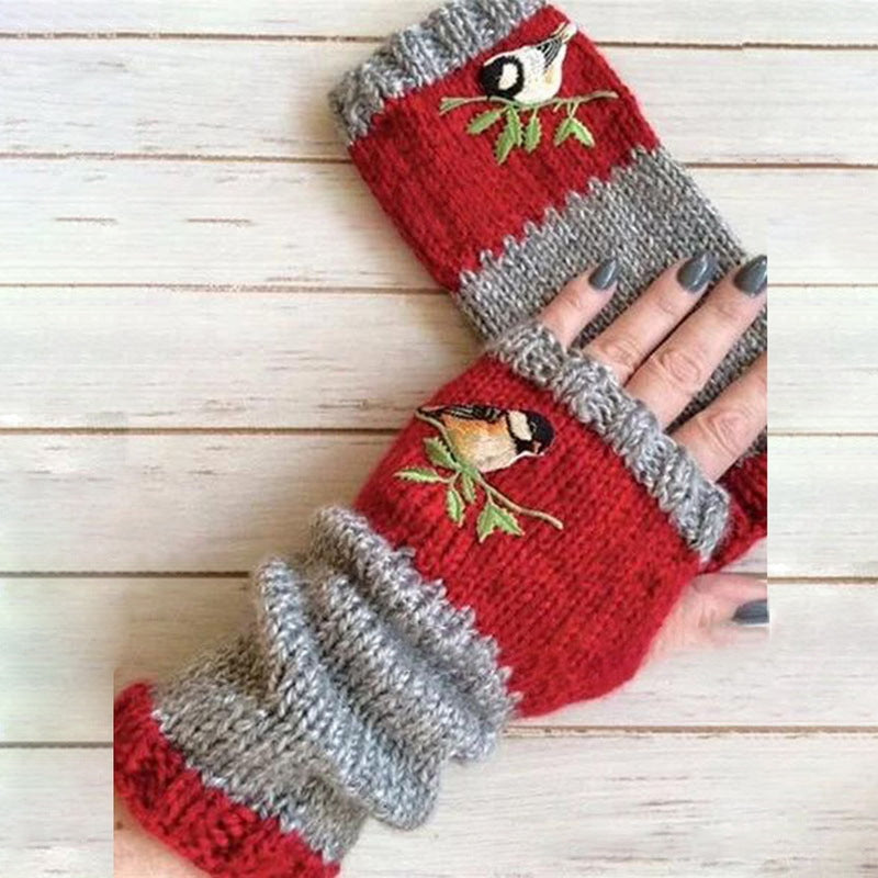 Fashion Warm Stitching Embroidered Gloves Women