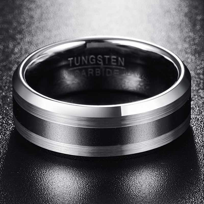 8MM Wide Double Lasa Stripe White K Tungsten Steel Ring