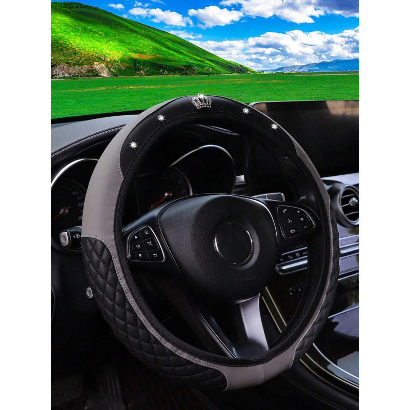 Diamond-Encrusted Little Crown Leather Car Steering Wheel Cover Without Inner Ring