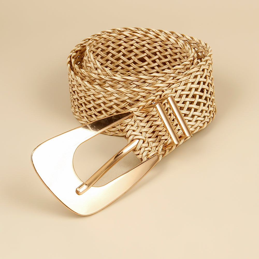 Summer New Ladies Belt PP Grass Gold Hand-woven Belt with Irregular Metal Buckle Waist Seal