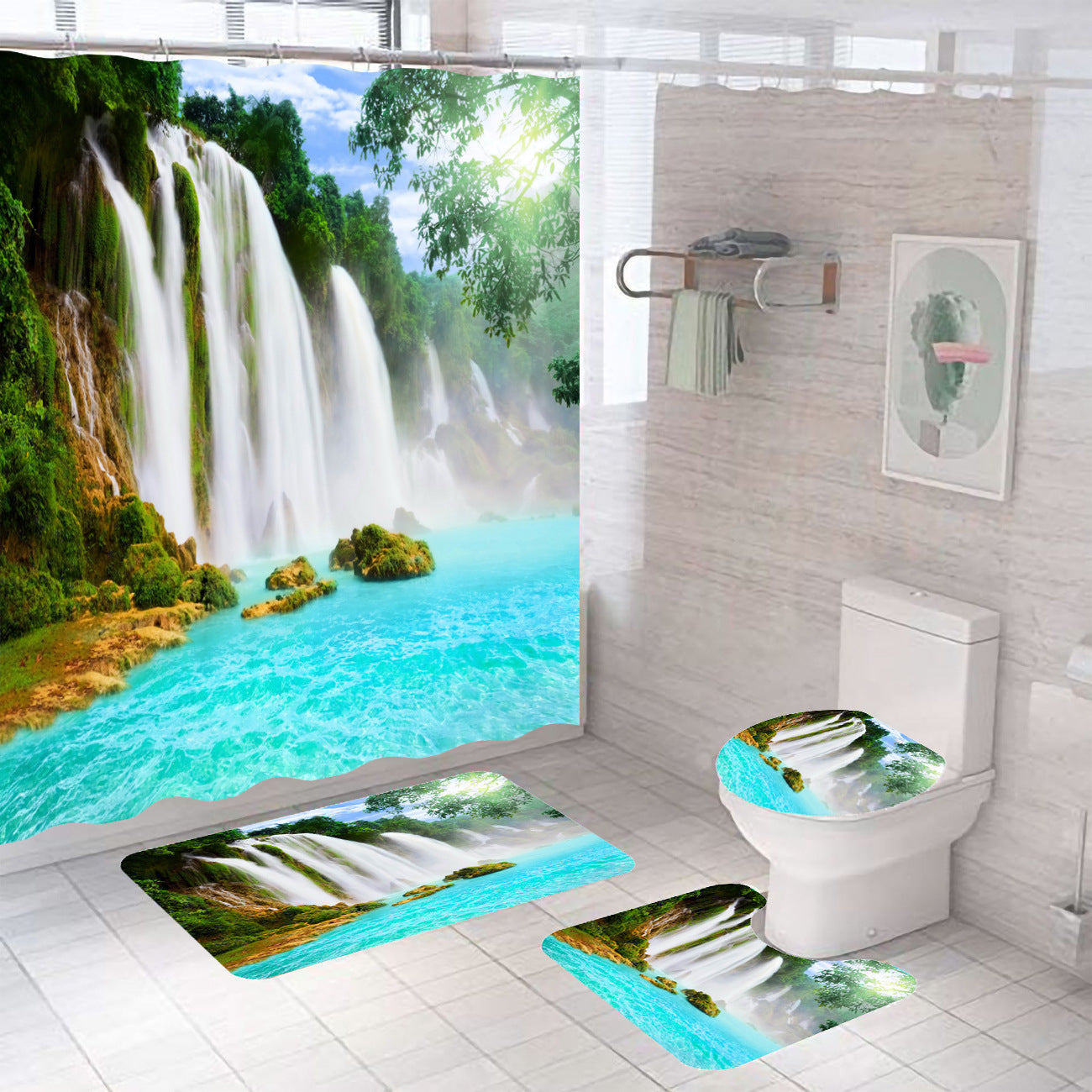 Bathroom Shower Curtain Floor Mat Suit Ocean World Printing