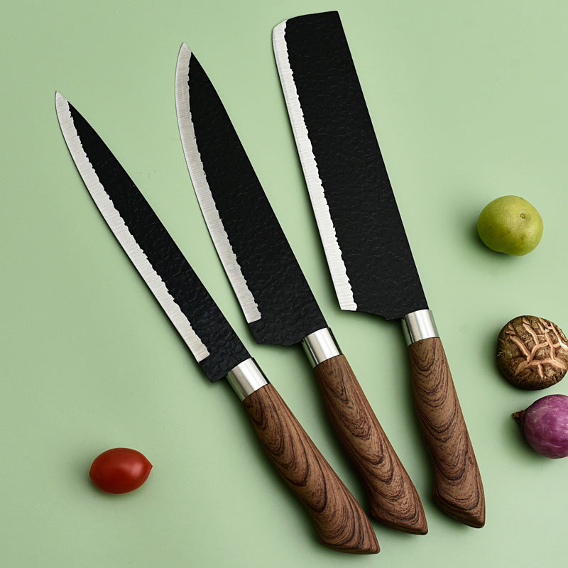Hammer Pattern Six-piece Black Steel Forged Paint Stainless Steel Kitchen Knife Set