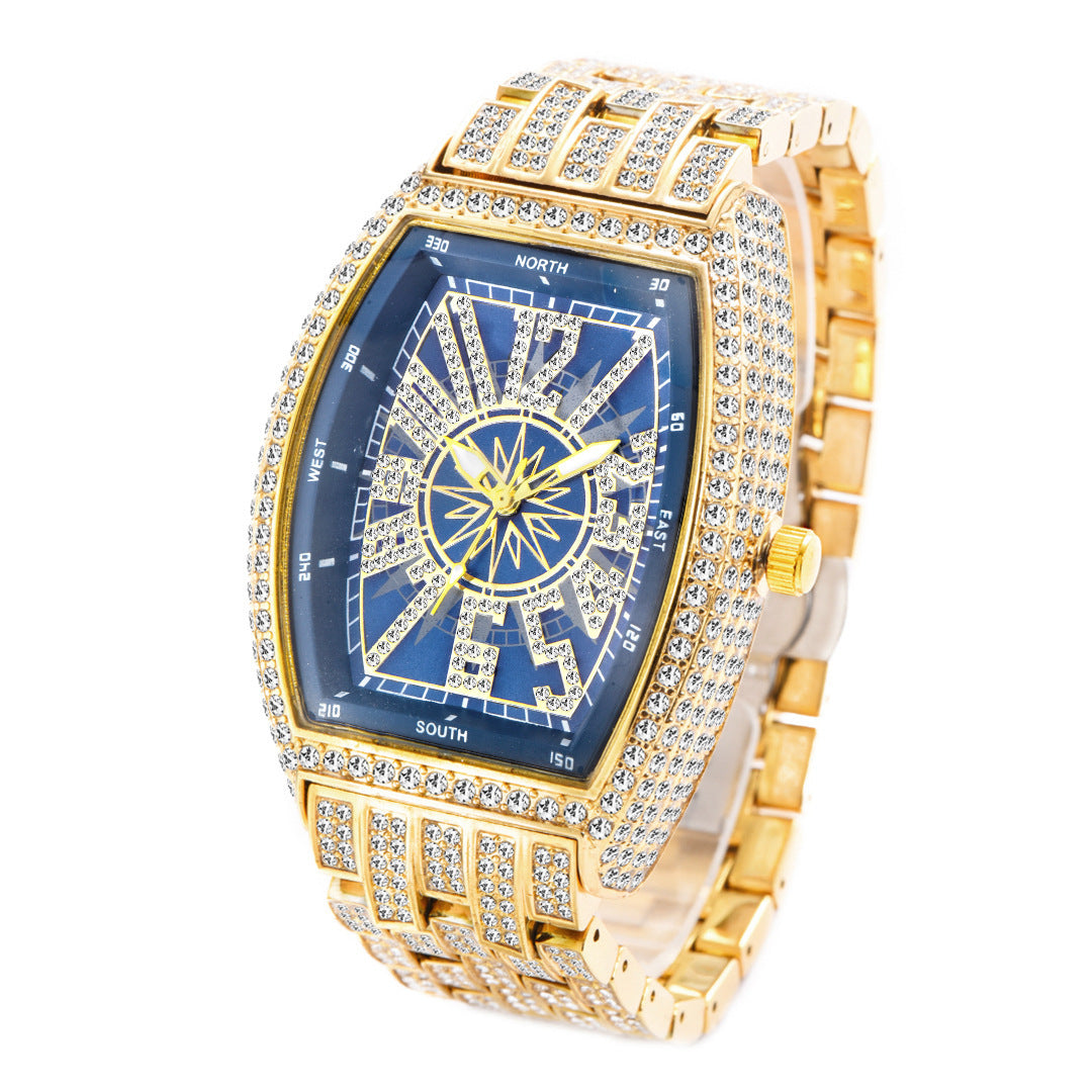 Montre pour hommes à grand cadran, entièrement incrustée de diamants, en forme de seau