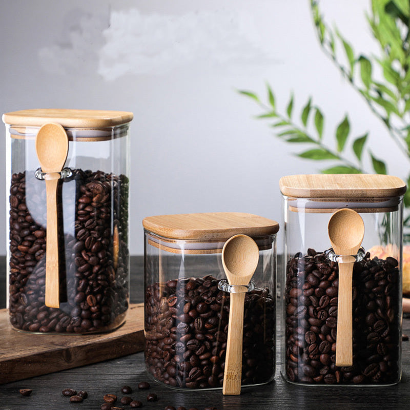 Square Glass Sealed Storage Jar With Wooden Spoon Seasoning