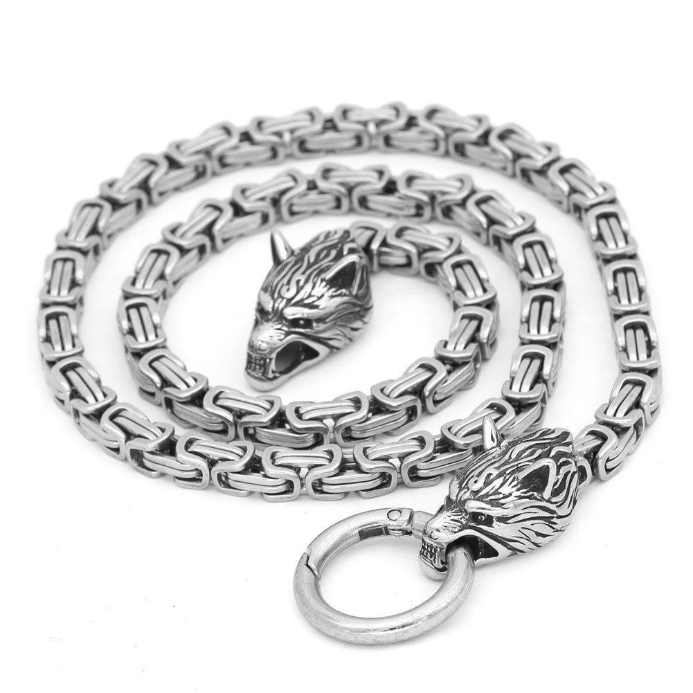 Vintage Square Chain Titanium Steel Pendant Wolf Head Necklace Men's Sweater Chain