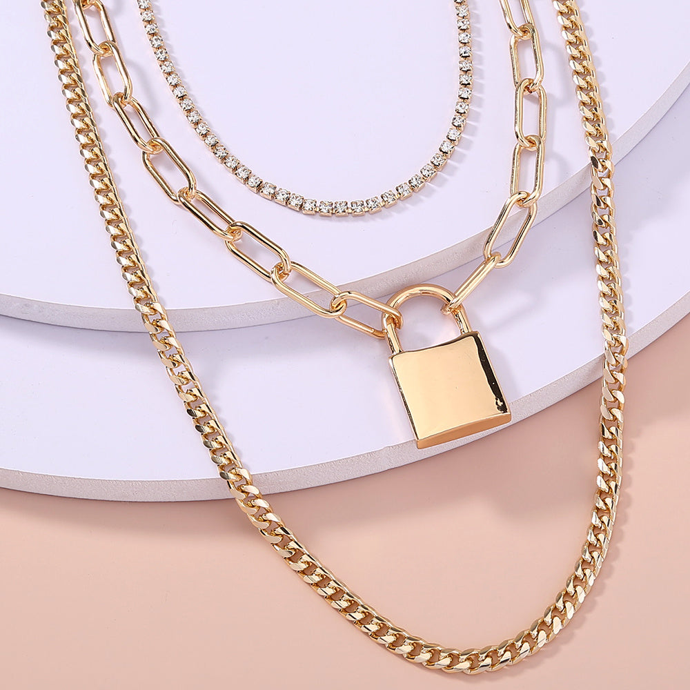 European and American cross-border jewelry Fashion street style lattice chain lock necklace gift rhinestone claw chain multi-layer chain