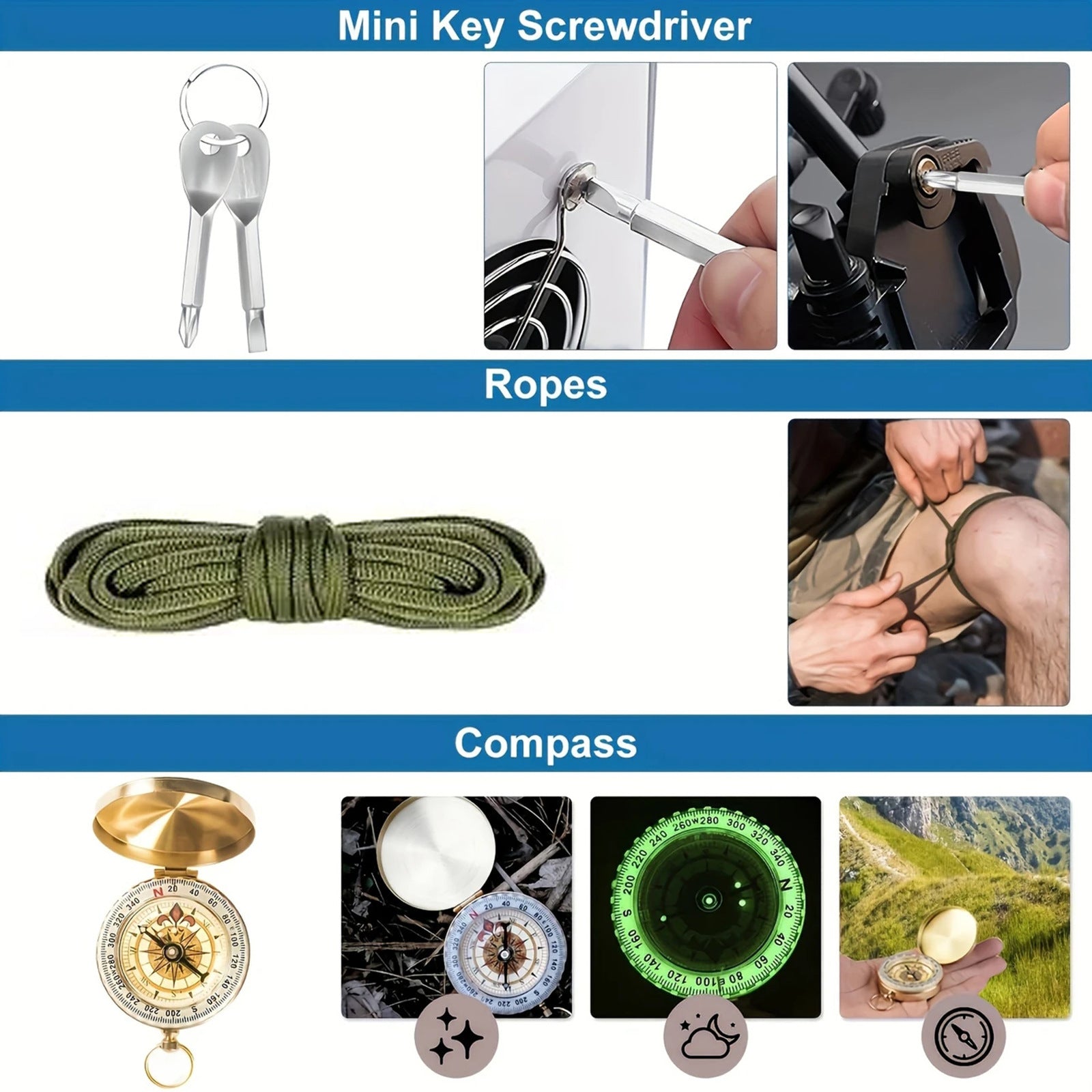Outdoor Camping Gear Set Includes A Sleeping Bag Whistle Compass Mini Wrench And Rope