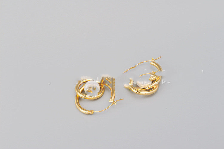 Trendy Quality Golden Pearl Cross Double Circle Earrings For Women