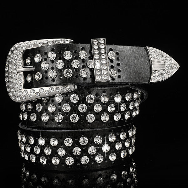 White Women's Leather Belt With Diamonds