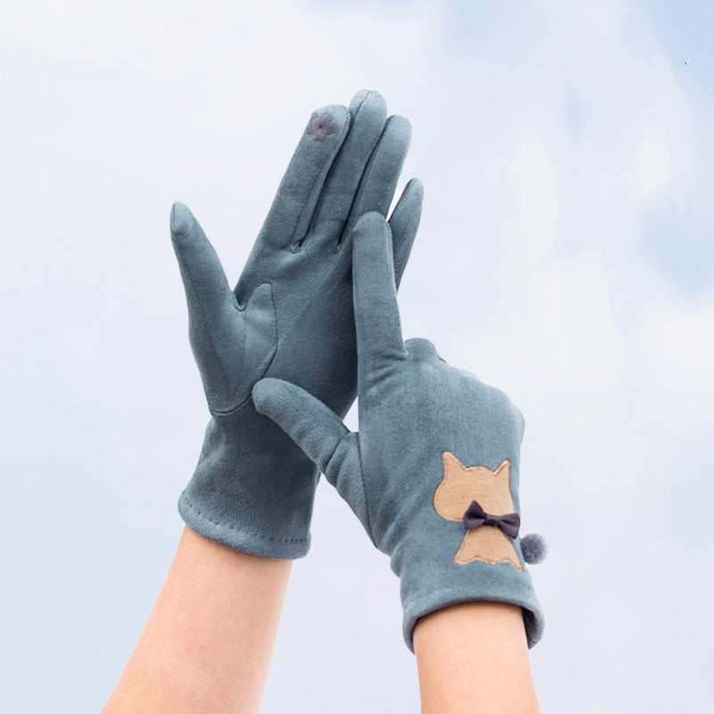 Autumn And Winter Embroidered Cat Touch Screen Gloves Suede Thickened Fleece-lined Riding Warm Gloves