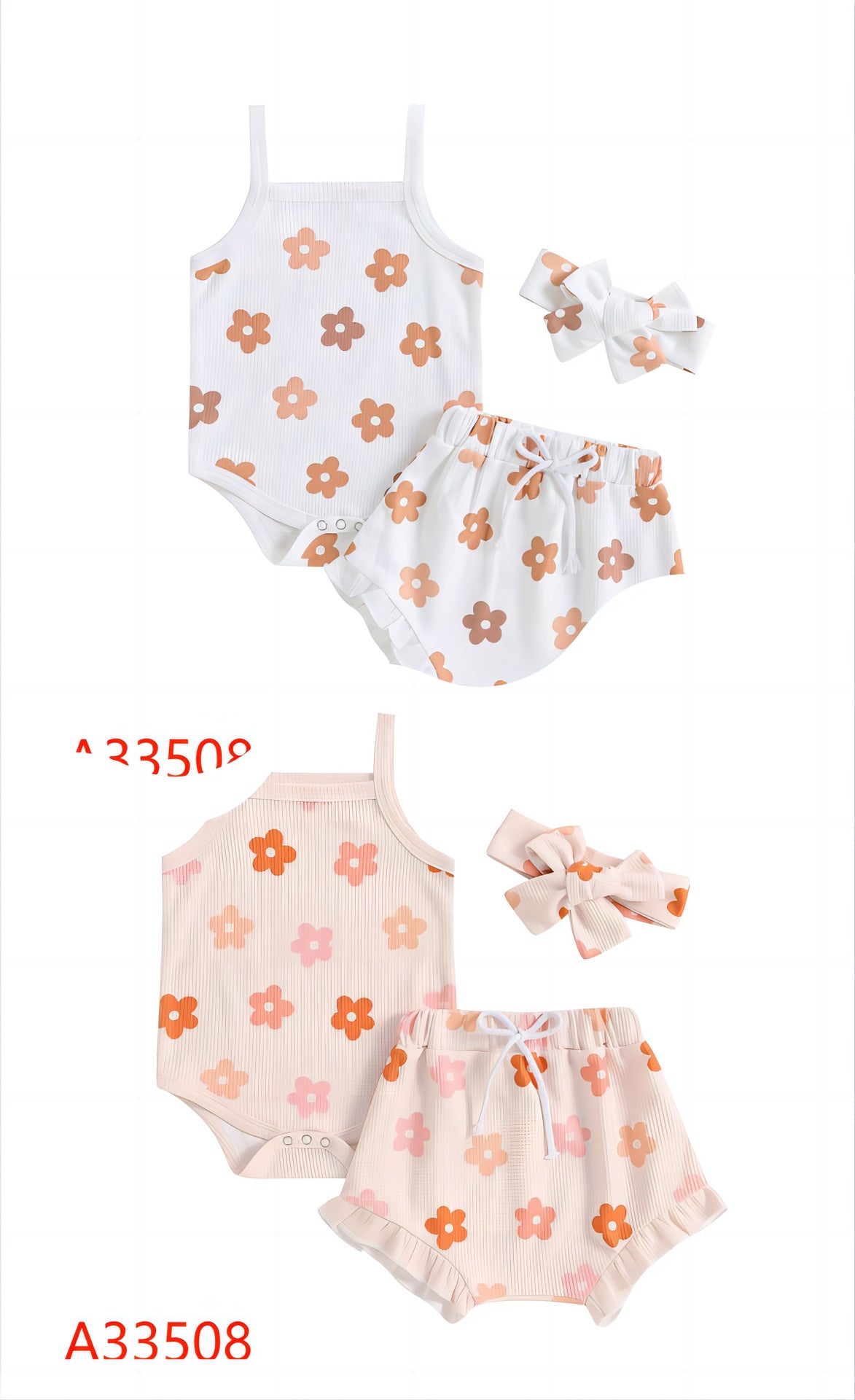 Flower Print Sling Romper Shorts Headscarf Three-piece Set