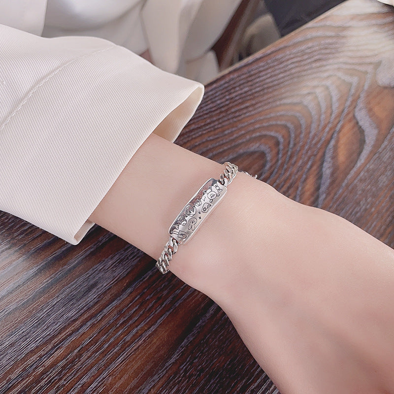 S925 Sterling Silver Graffiti Pattern Rabbit Bear Bracelet