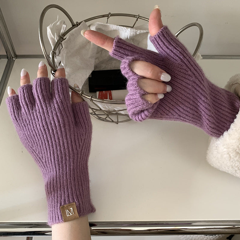 Knitted Wool Half Finger Gloves Solid Color