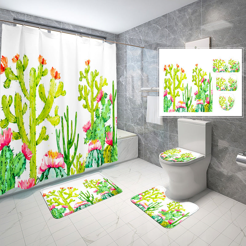 Natural Wind Leaves Printing Toilet Waterproof Shower Curtain Non-slip Floor Mat