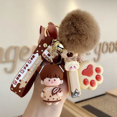Crystal Milk Tea Cup Leather Rope Key Chain Ring Cartoon Hair Ball